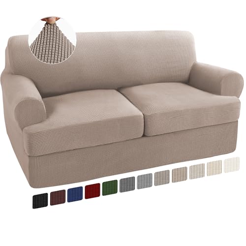 Turquoize 3 Piece T Cushion Loveseat Slipcovers Sofa Cover for 2 Cushion Couch Cover Washable Sofa Slipcover Furniture Covers with 2 Individual T Cushion Seat Covers (2 Cushion Loveseat, Sand)