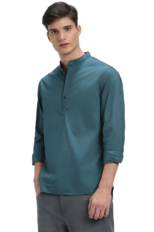 Image of Dennis Lingo Men's Cotton Solid Slim Fit Mandarin Collar Full Sleeves Casual Shirt