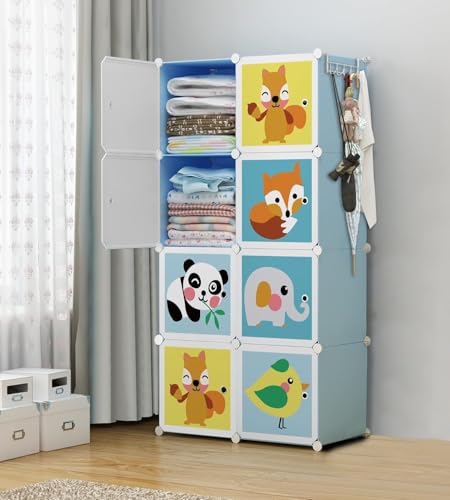 Image of Rainspire Kids Cartoon Wardrobe Closet | Modular Plastic Almirah for Baby & Kids | Multi-Layer Storage Cabinet with Hanging Rod | for Kitchen Stainless Steel Handheld Book Organizer - Sea Blue