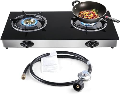 Flame King 2-Burner RV Cooktop Stove With 7200 & 5200 BTU Burners + 48" Quick Connect Hose Bundle