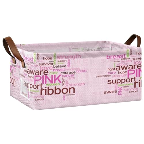 Fygkptb Breast Cancer Ribbon Words Support Love Hope Strength in Pink Style 1 PC Rectangle Foldable Frame Basket Leather Handles Storage Bin for Laundry Bathroom Organizer 16.9 x 11.4 x 7.7 inch