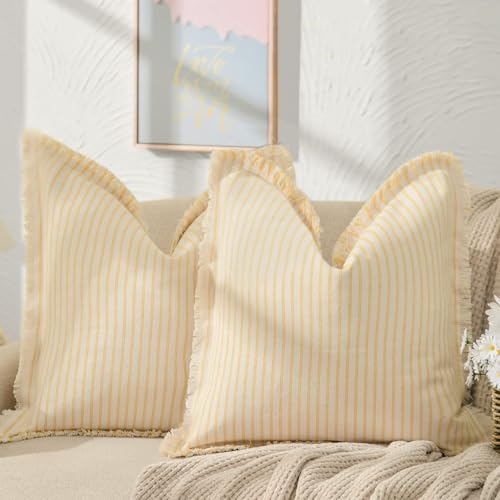 Image of ZWJD Throw Pillow Covers 20x20 Set of 2 Striped Pillow Covers with Fringe Chic Cotton Decorative Pillows Square Cushion Covers for Sofa Couch Bed Living Room Farmhouse Decor, (Yellow)