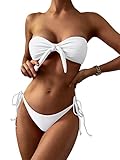 ZAFUL Knotted Bandeau Bikini for Women Strapless Swimsuits High Cut Bathing Suit Sexy Cheeky Tie Side Swimwear White L