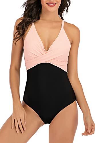 Viloree, costume da bagno da donna, intero con scollo a V e push-up, slanciato, rosa + nero., XL