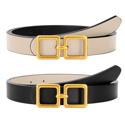 Reversible Genuine Leather Belt for Women - Gold Buckle for Jeans & Dresses