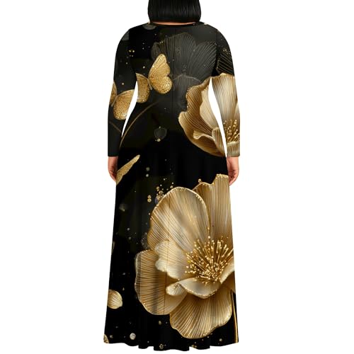 Image of PinkPatty Plus Size Maxi Dress for Curvy Women Crew Neck Long Sleeves Casual Dress Vacation Sundresses with Pockets