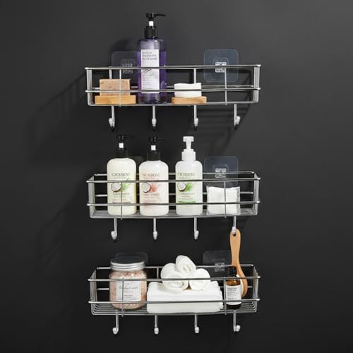 Image of Amazon Basics Self-Adhesive Wall Shelf - No-Drill Multipurpose Bathroom /Kitchen Organizer with Hooks and Towel Holder, Rust Proof GI Steel Organizer | Chrome, 28.2 x 9.8 x 11.5 cm, Pack of 3