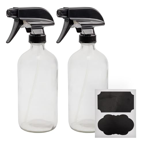 Cornucopia 16oz Clear Glass Spray Bottles w/Chalk Labels (2 Pack); Boston Round Bottles with 3-Setting Adjustable Heavy Duty Sprayers