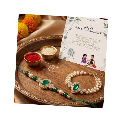 Image of I Jewels Designer Kundan Pearl Bhaiya Rakhi With Roli Chawal for Brother /Bro /Men with Rakshabandhan Card