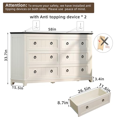 Joaxswe Farmhouse Furniture Set, Nightstands Set of 2 and 6 Drawers Dresser for Bedroom, 58 Inch Wide Wood Dresser and 18\" Night Stands with Charging Station for Bedroom, Living Room, Hallway