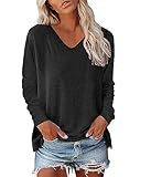 Zueauns Damen Langarmshirt Baumwolle Oberteile Langarm Shirt V Ausschnitt Oberteil Lose Longsleeve T-Shirt Pullover Sweatshirt Basic Tshirt Tunika Top Bluse Einfarbig Casual T-Shirts(Schwarz,XL)