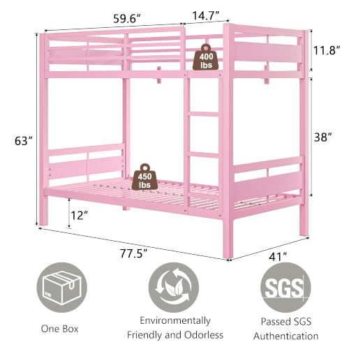 Image of iPormis Metal Bunk Bed Twin Over Twin, Heavy Duty Bunk with High Guardrail and Safety Entrance Design, Under-Bed Storage Space, Easy Assembly, Noise Free, Pink