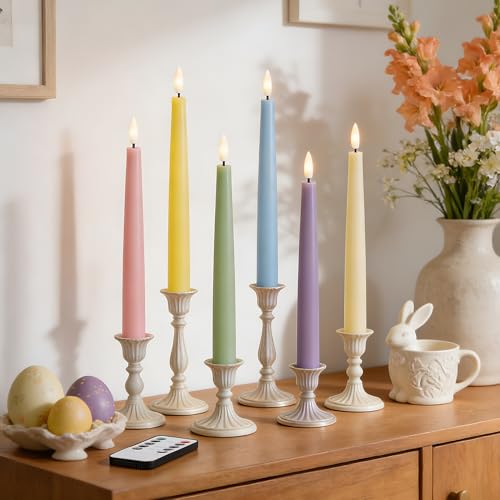 Image of Stmarry Multicolored Pastel Flameless Taper Candles with Remote, 9.65 Inch Real Wax LED Colored Candlesticks, Battery Operated Colorful Candlesticks, Easter Spring Home & Wedding Decor, 6 Pack