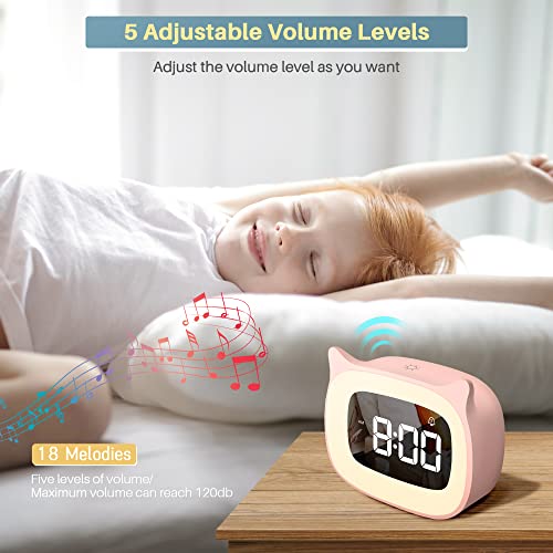 Smouping Kids Alarm Clock With Night Light Stepless Dimming,Cute Cat Ear Digital Clock For Boys And Girls,5 Minute Alarm,Ok To Wake Up Children(Pink) #TOP3