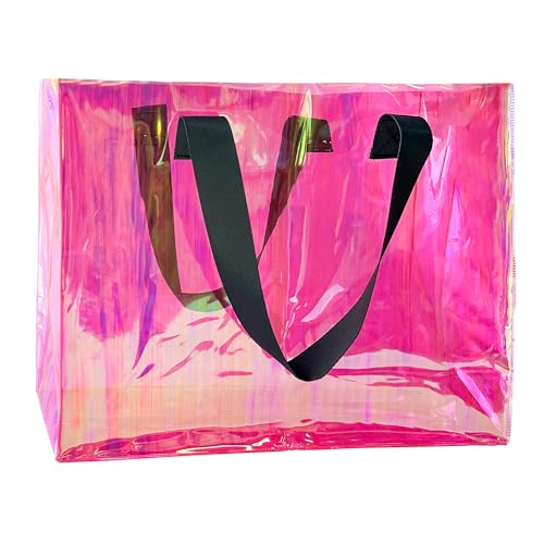 TotePrint Holographic PVC Beach Bag Waterproof - 18×13×6inch Large Clear Tote for Women Men Pool Travel Sandproof Carry All (Holographic pink)