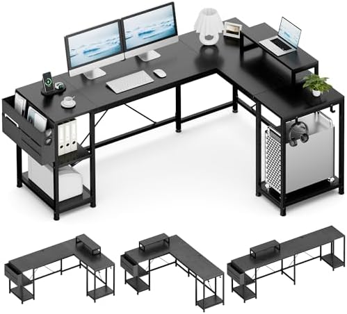 Lulive L Shaped Desk, 95" Reversible Corner Computer Desk with Shelves, Monitor Stand, Storage Bag, Hooks, 2 Person Long Desk for Home Office Writing Study Workstation (Black)