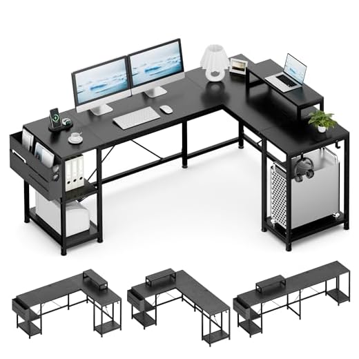 Lulive L Shaped Desk, 95" Reversible Corner Computer Desk with Shelves, Monitor Stand, Storage Bag, Hooks, 2 Person Long Desk for Home Office Writing Study Workstation (Black)