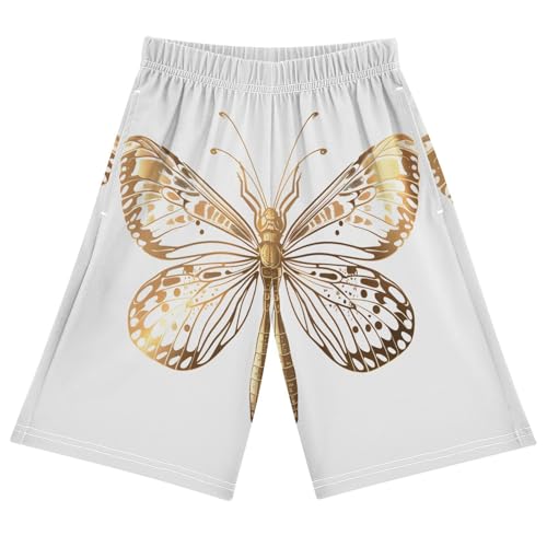 ALAZA Butterfly Dragonfly Golden Art Boys Athletic Shorts Kids with Pockets Shorts for boy Girl Size 6-8 Years