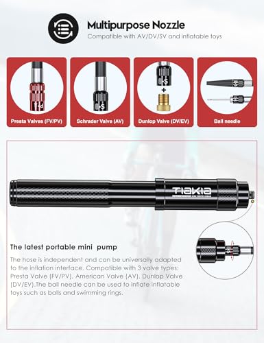 Tiakia Fahrrad Pumpe Mini 260PSI Hoher Druck Luftpumpe Klein für Presta Schrader Dunlop Ventile, Kompakt Tragbare Handpumpe Fahrradpumpe Leicht für BMX Mountainbike Rennrad E-Bike mit Montagehalterung