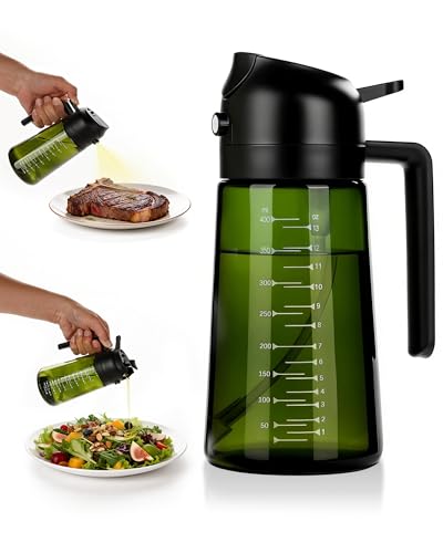 Acual Aceitera Spray Pulverizador 470ml, Dispensador de Aceite 2 en 1, Pulverizador Aceite Oliva de Vidrio Bloquea Luz, Aceitera Antigoteo Spray para Cocina, Freidora de Aire, Ensalada y BBQ (Negro)