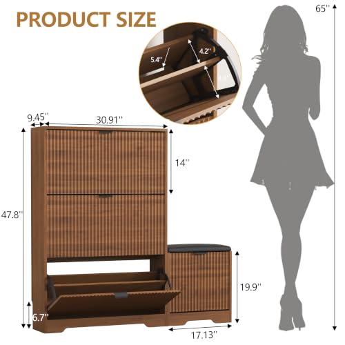 Image of HUANLEGO Shoe Cabinet Storage for Entryway with Flip Drawer & Bench, Walnut