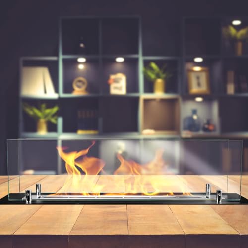 Brûleur de cheminée encastré acier 65cm insert verre salon