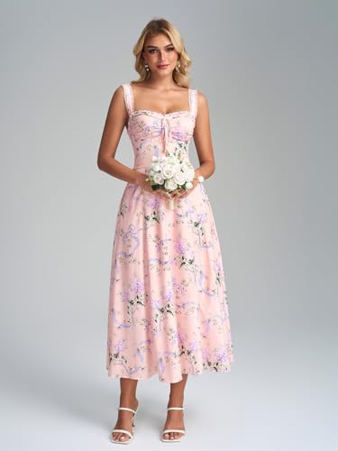 Image of KUTUMAI Floral Corset Midi Dresses for Women 2026 Lace Up Flowy Summer Wedding Guest Dress with Pockets