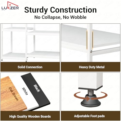 Image of Lukzer Heavy Duty Garment Rack with 8 Shelves & Hanging Rod | Free-Standing Modern Clothes Stand Metal & Engineered Wood Shoe Rack with Adjustable Foot Pads for Living Room - MMR-004 /White & White