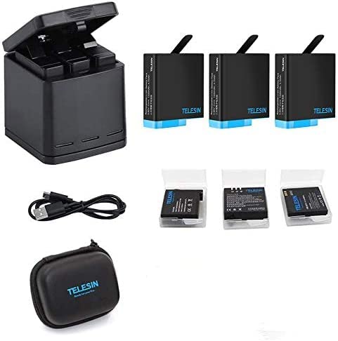 REYGEAK Hero 8/7/6/5 batería de Triple Cargador- Estuche de Carga + 3 baterías 1 Estuches de Almacenamiento, 1 Bolsa de Almacenamiento Negra, 6 en 1, para GoPro Hero 8/Hero 7/Hero 6/5 Cover