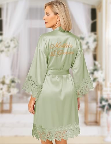 Image of EPLAZA Bride Robe for Wedding Day Set Bridal Robe Lace Trim Silky Embroidery Satin Kimono for Bridal Party