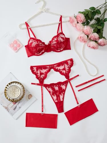 Image of Lilosy Sexy Leaf Floral Embroidered Mesh Sheer Women Underwire Push Up Lingerie Set
