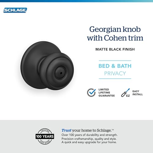 Image of Schlage F40 GEO 622 COH Georgian Door Knob with Cohen Trim, Bed & Bath Privacy Lock, Matte Black