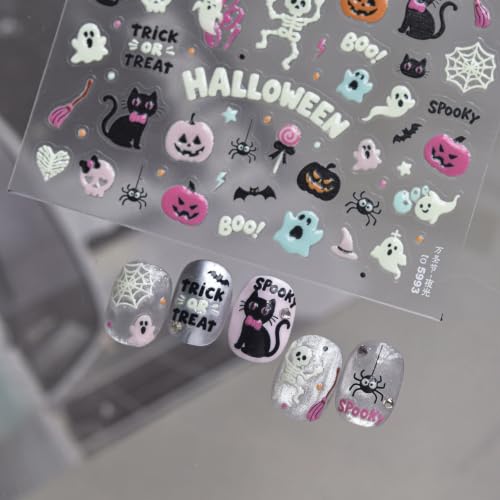 Image of Halloween Nail Stickers Decals Pastel Ghost Skeleton Pumpkin Nail Decals | Cat Spider Nail Decals Glow In The Dark Designs 5D Embossed Self-Adhesive Nail Charms Cute Spooky Style for Holiday Manicure
