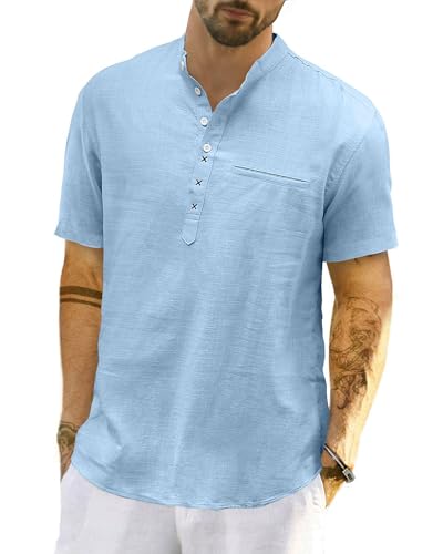 LVCBL Hemd Herren Kurzarm Stehkragenhemd Herren Leinenhemd Freizeithemd Blau XL