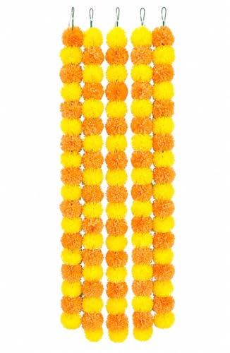 GINI Artificial Flower Garland Mala Orange & Yellow Hanging Flowers with Dori 5 Feet Long | Decorative Mala for Diwali Festivals Parties Home & Temple Décor (Pack of 5)