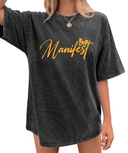 QLIPIN Oversized Butterfly Shirts for Women Manifest Shirts Women Inspirational Shirts Acid Wash Tshirt Vintage Tee