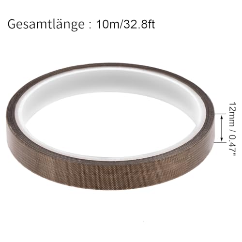sourcing map 12mm PTFE beschichtet Gewebeband Braun Hochtemperaturband für Vakuum-, Hand- und Impulsversiegelungen Klebeband 10m/32,8ft