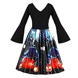 Dorical Halloween Damen Kleid/Frauen Vintage V-Ausschnitt Pumpkins Drucken Cocktailkleid mit Trompetenärmel Partykleid Langarmshirt Rockabilly Retro Schwingen Kleid Faltenrock(Rot,Small)