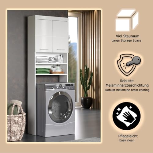 trendteam smart living - Amanda - Waschmaschinenüberbau - Weiß/Weiß Hochglanz - 2 offene Fächer + 3 Einlegeböden - (BxHxT) 63 x 187 x 24 cm - kratzfest