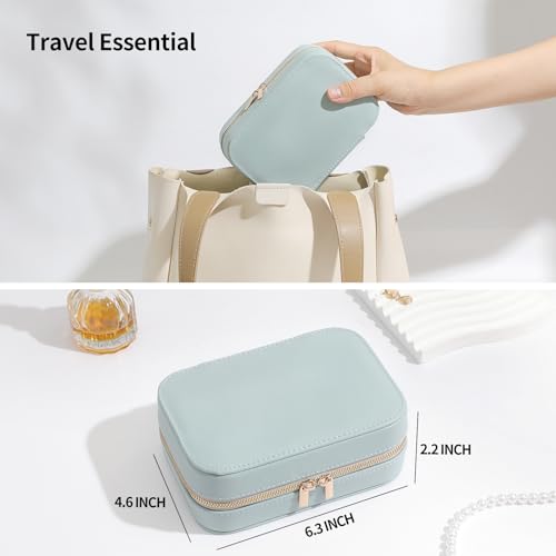 Image of NGVRC Genuine Leather Travel Jewelry Organizer Case with Mirror for Women, Small Mini Portable Jewelry Box for Ring Earrings Necklace Bracelet Luxury Gift for Women(Cyan)