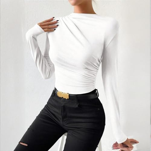 Kxydlww Langarm-T-Shirt für Damen mit Ausschnitt, Langarm-T-Shirt mit Rundhalsausschnitt mit klassischer Passform, sexy T-Shirt Y2K Langarmshirt Crop Top Elegante Slim Fit Tops, Weiß, Small