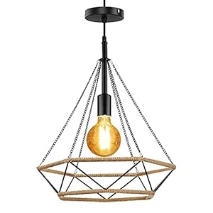 Horevo Ø39cm Lustre Suspension Luminaire Industrielle Vinatge Lustre Noir Dimant en Métal et Corde de Chanvre Hauteur réglable Lustre Plafonnier pour Salon Cuisine Douille E27 (Ampoule 8W comprenant)