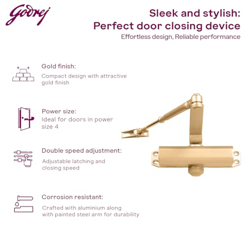 Image of Godrej Door Closer | Cerus Universal Door Closer I Gold Finish | Max Door Weight: 85kg | Max Door Width: 1250mm | 180 Opening Angle | Adjustable Closing Speed|3 Years Warranty
