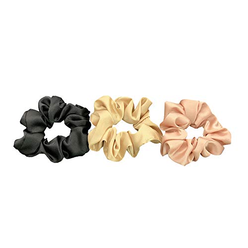 MOFEINI 3-Pack Silk Scrunchies, Soft and Gentle Silk Hair Scrunchy Hair Ties Elastics Ponytail Holders for Women Girls Hair Accessories-Black, Champagne, Pink