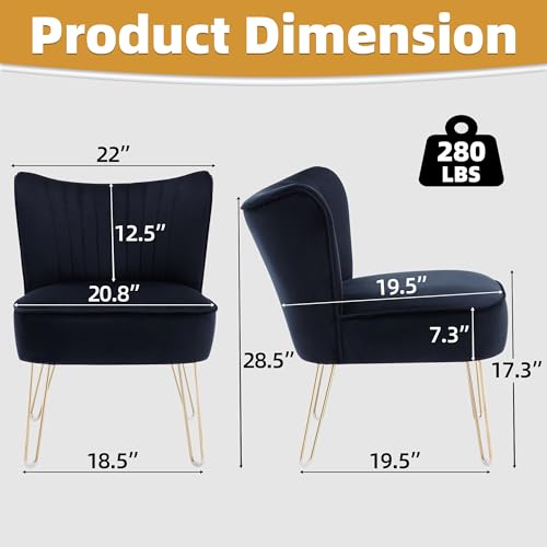 ABET Accent Chairs Set of 2, Upholstered Velvet Armless Living Room Chairs with Tufted Wingback Thicken Cushion, Golden U-Shaped Metal Legs, Modern Comfy Side Slipper Chairs Club Chairs, Black