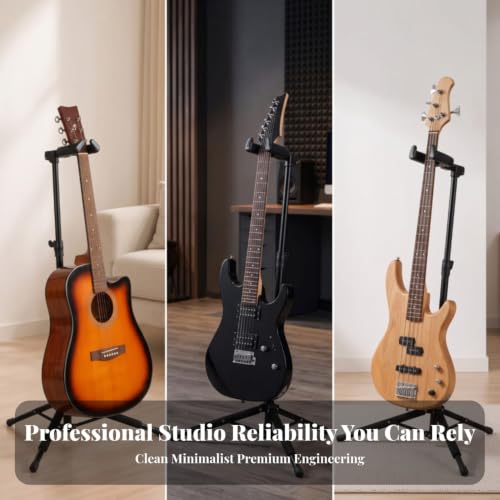 Image of Height Adjustable Guitar Stand with Weight-Activated Lock Foldable Weight-Activated Lock Guitar Stand Self-Locking Soft-Padded for Guitarists, Musicians, Home Studio, Stage, Music Room, Gravity Lock