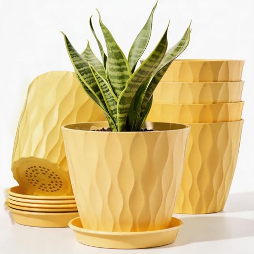 Pure Whimsy 6 Pack Plant Pots with Drainage Holes, 4 Inch Plastic Indoor Flower Pots...