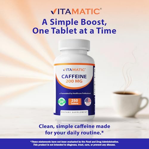 Image of Vitamatic Caffeine Pills 200 mg per Serving, 250 Vegetarian Tablets | Support Energy Support & Endurance Performance*, Gluten Free, Made in USA