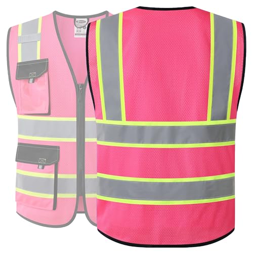 Image of JKSafety Hi Vis Reflective Safety Vests for Men Women High Visibility Vest with Pockets Mesh Fabric Construction Safety Apparel Neon Vest for Work (220-Pink XL)
