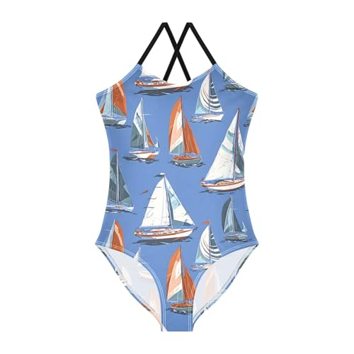 Sailboat Pattern Girls One Piece Swimsuits Summer Quick Dry Beach Bathing Suit